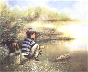 Boy & Dog Fishing Paper Tole 3D Kit Size 16x20 by Ruane Manning 16-8066 Kit or Prints available in Sizes 4x5, 5x7, 8x10 and 16x20 Inches